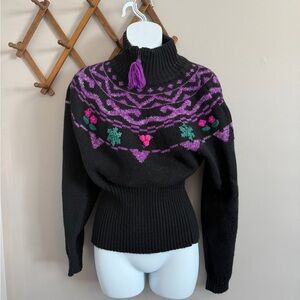 Black Floral Vintage Obermeyer Wool Blend Apres Ski Medium